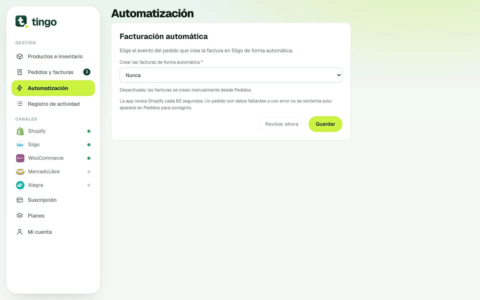 Pantalla Automatización con la lista de eventos para crear facturas de forma automática