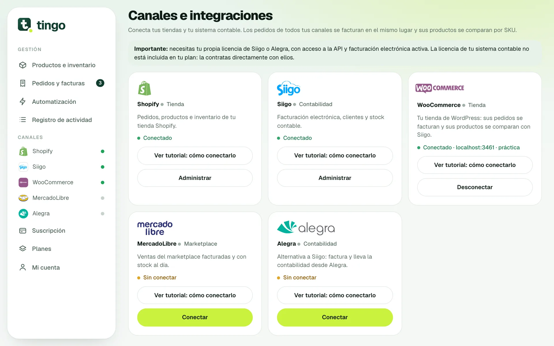 Pantalla Canales e integraciones con la tarjeta de Alegra