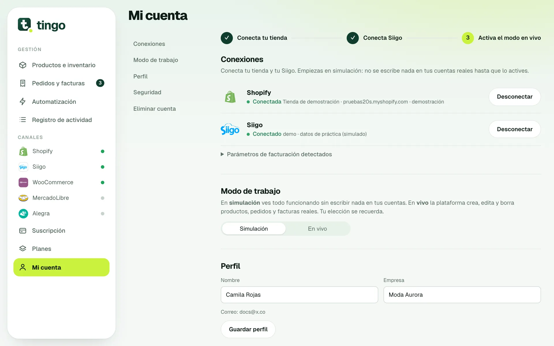Pantalla Mi cuenta con la conexión de Siigo y sus parámetros