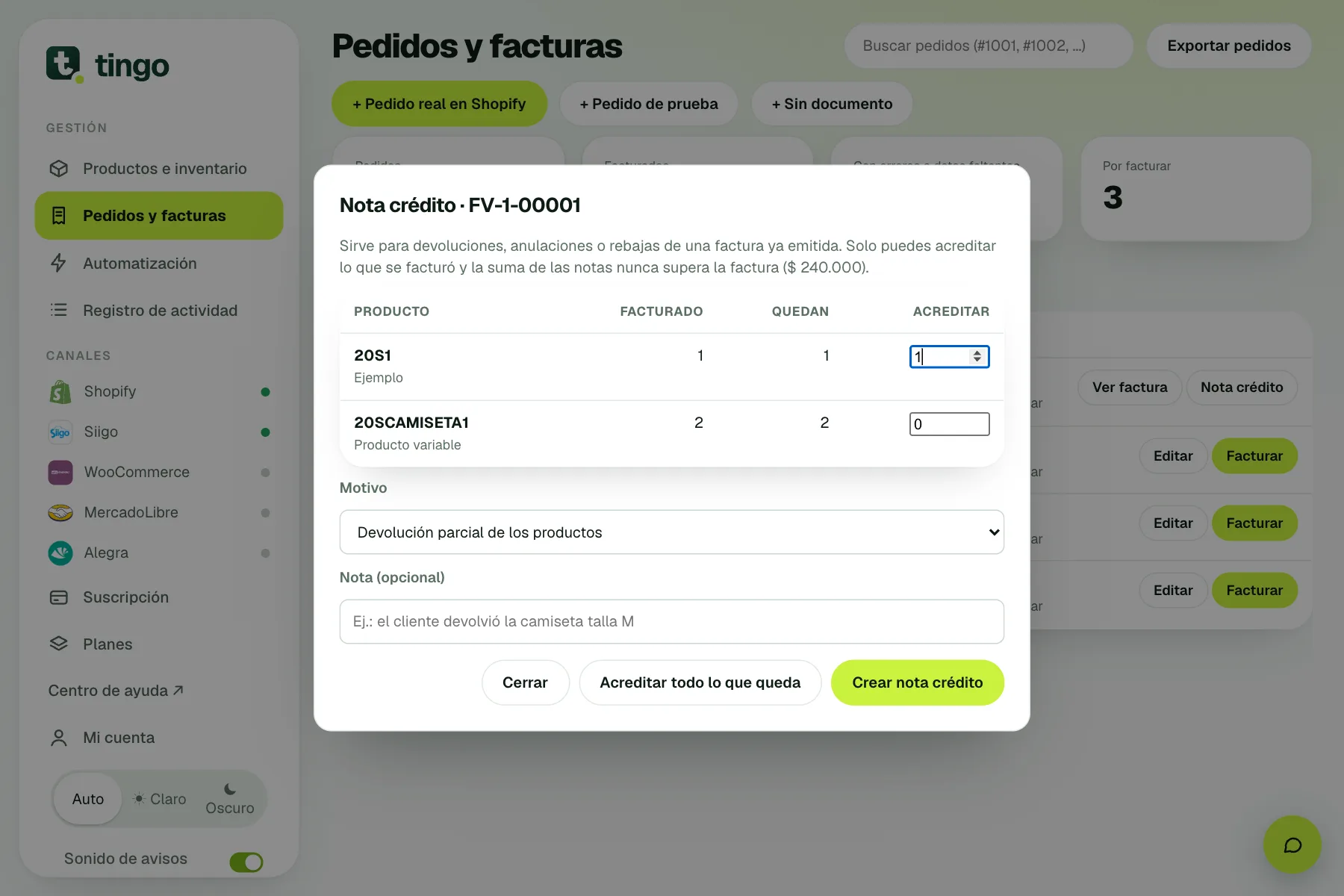 Ventana de nota crédito con los productos de la factura