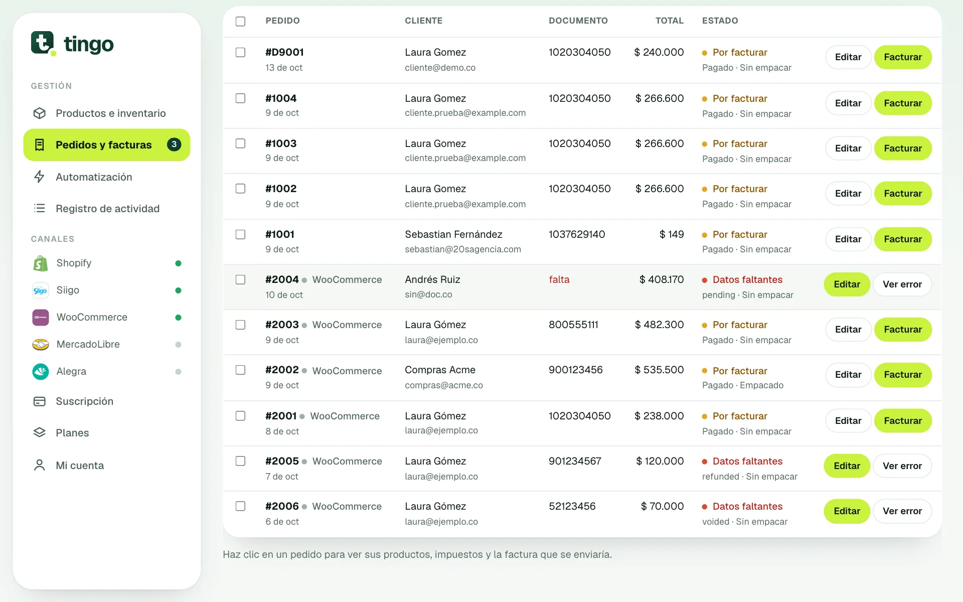Lista de pedidos y facturas con las pestañas de filtro y los estados de cada pedido