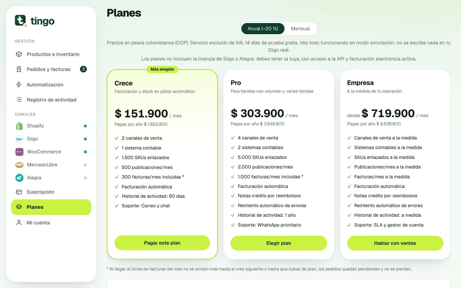 Pantalla Planes con las tarjetas de Crece, Pro y Empresa