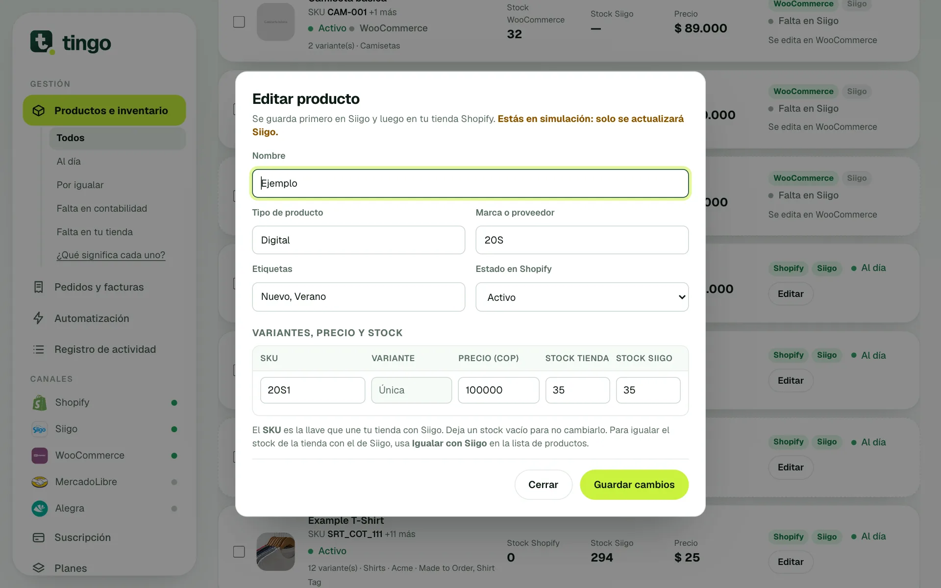 Formulario para editar un producto con variantes, precio y stock