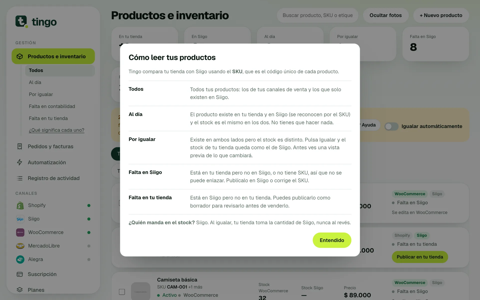 Ventana Cómo leer tus productos con la explicación de cada estado