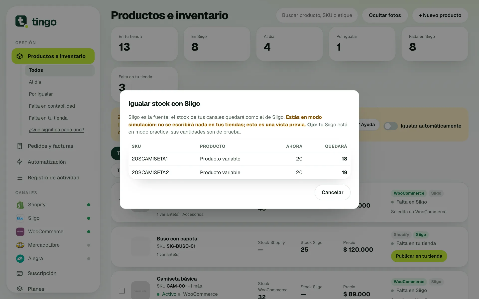 Vista previa Igualar stock con Siigo con la tabla de cambios
