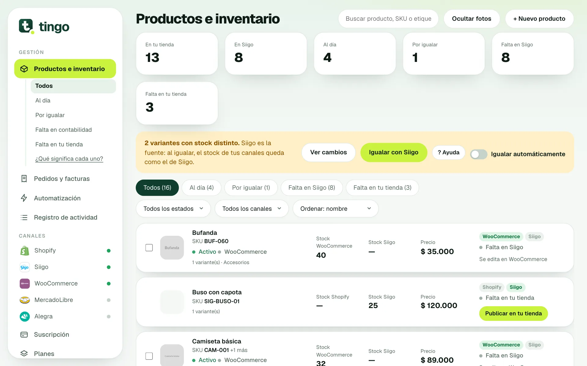 Lista de productos con tarjetas de estado y barra de stock