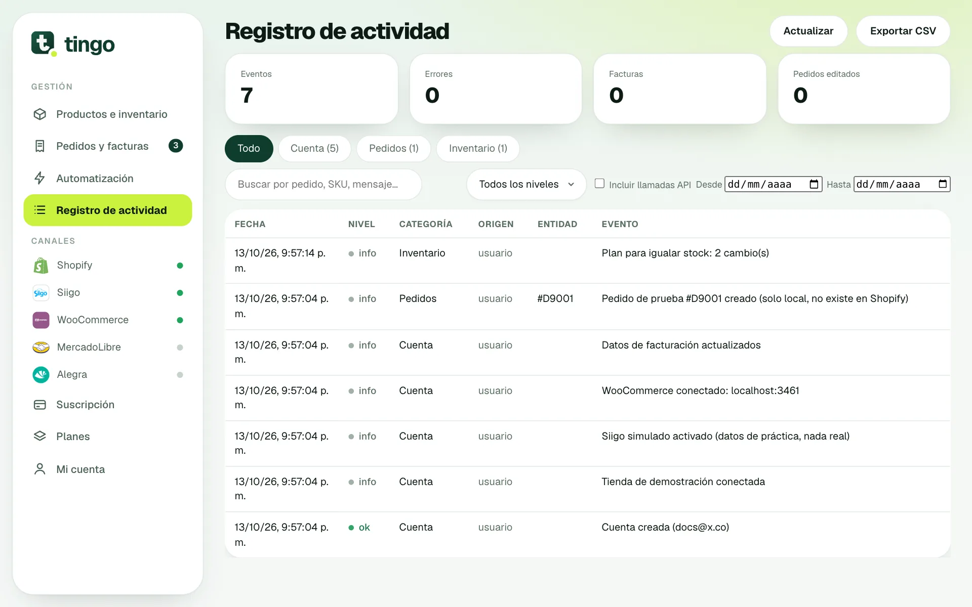 Registro de actividad con filtros por categoría y nivel