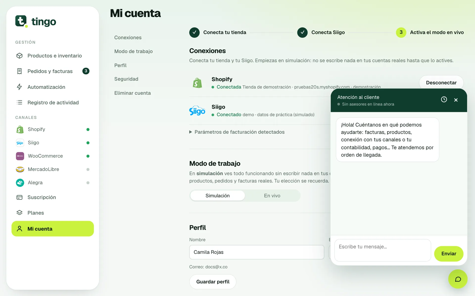 Chat de soporte abierto en la app