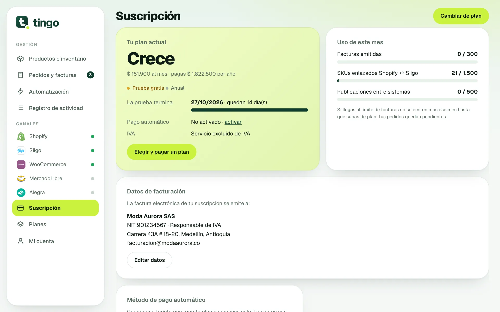 Pantalla Suscripción con plan actual, uso del mes y datos de pago