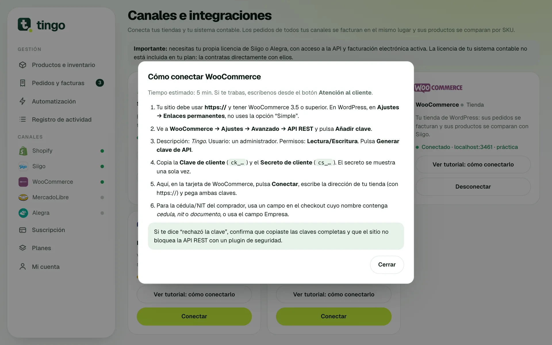 Ventana de tutorial con los pasos para conectar un canal