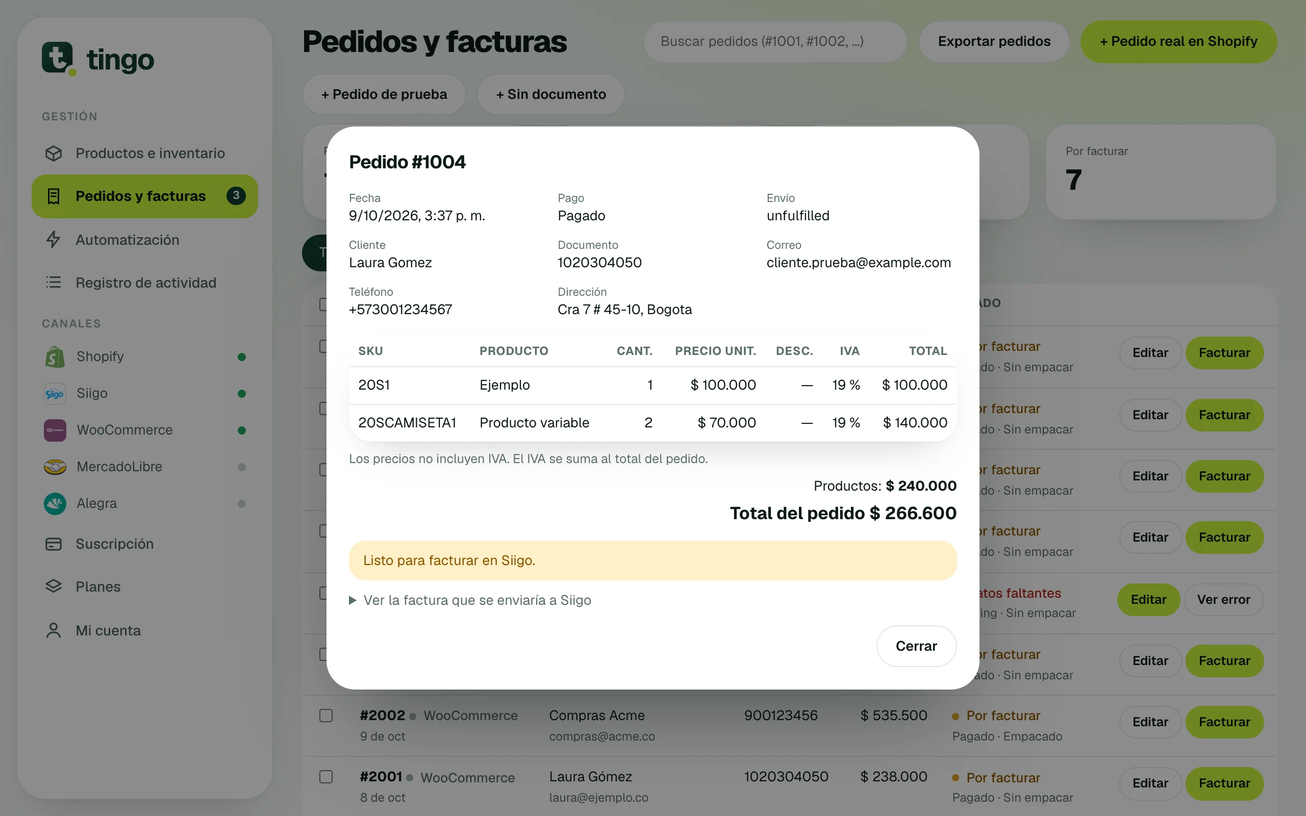 Detalle de un pedido con sus productos, IVA y total