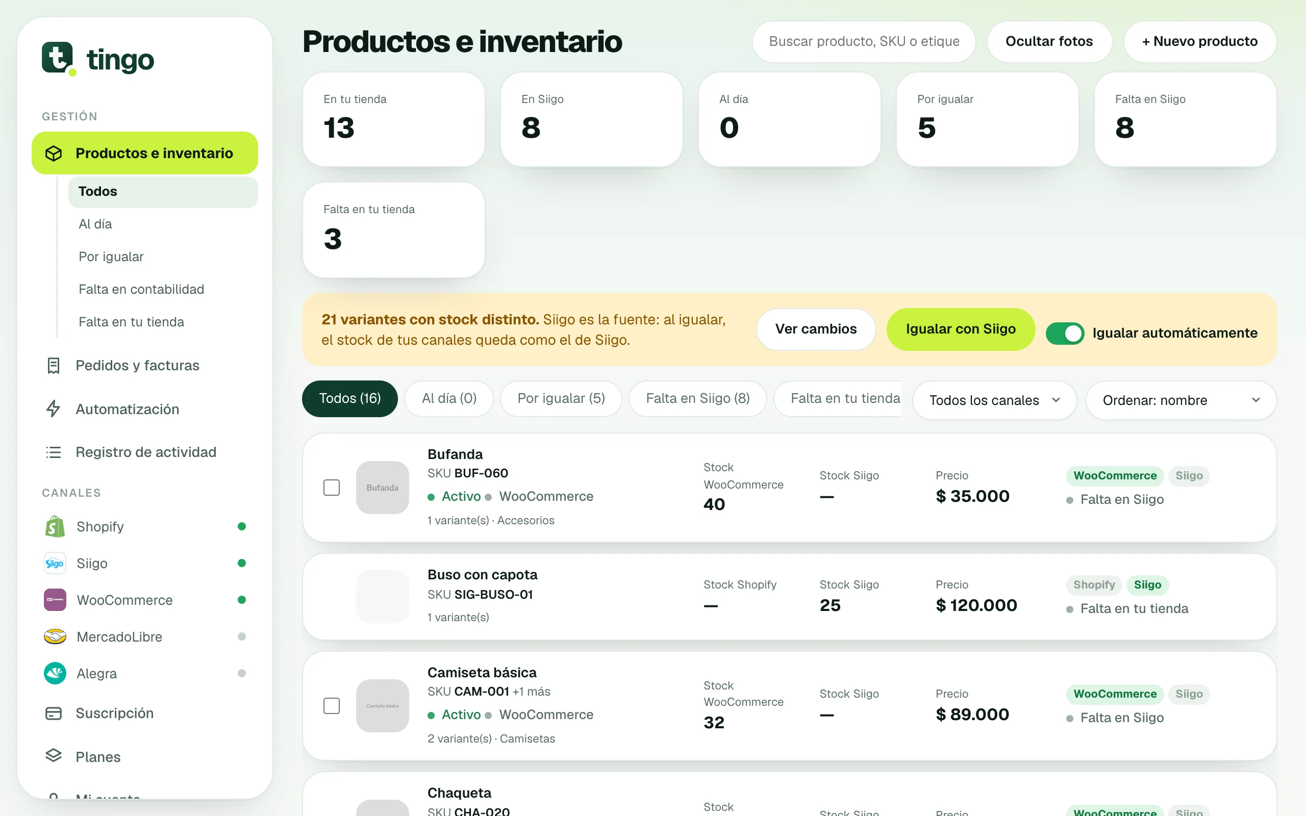 Comparación de productos entre tu tienda y Siigo